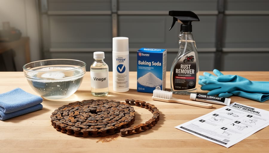 Overhead view of bicycle chain cleaning supplies including brushes, degreaser, rags, and lubricant on workbench