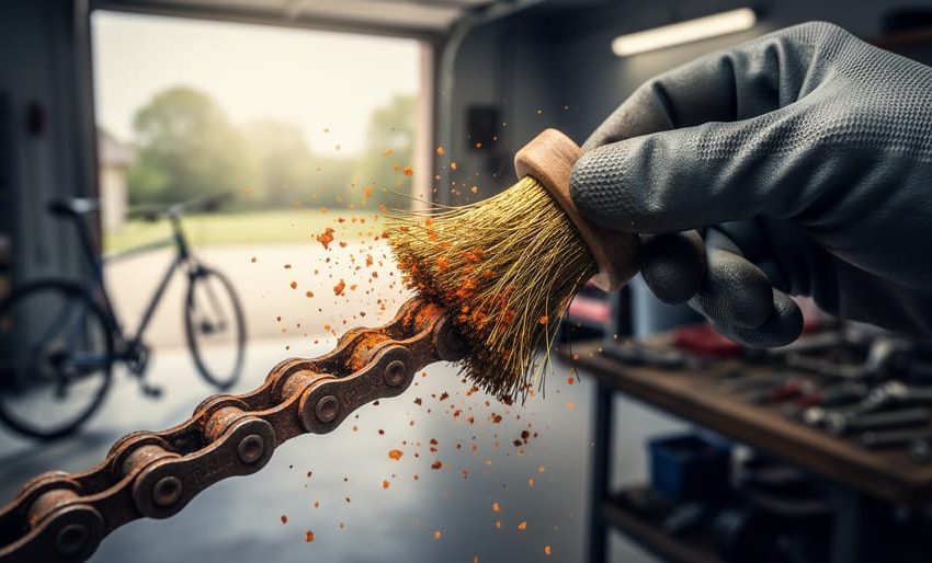 Close-up of a gloved hand cleaning a rusty bicycle chain with a brass brush, orange rust flakes coming off under angled side lighting, with a blurred bike frame and workbench in the background.