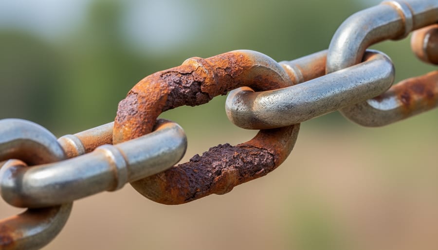 Close-up of severely rusted bicycle chain showing orange corrosion on metal links