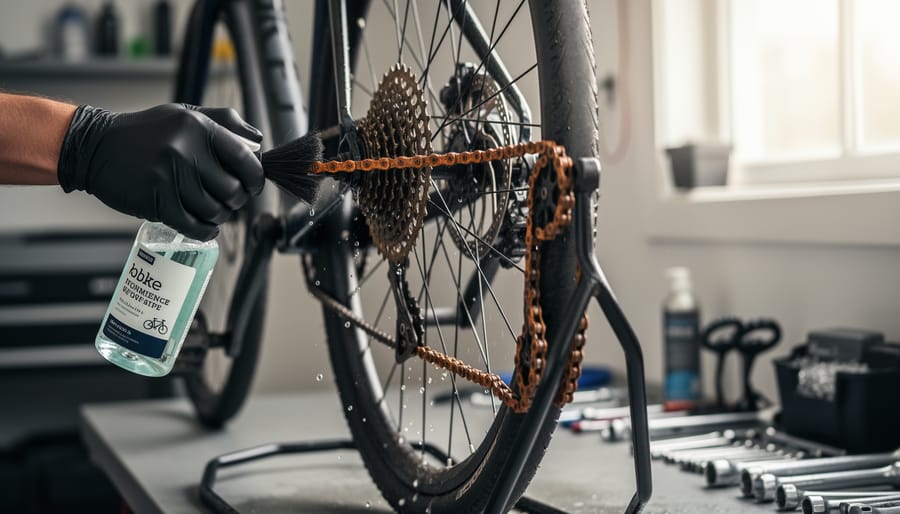 Hands in gloves scrubbing rusty bicycle chain with wire brush during cleaning process