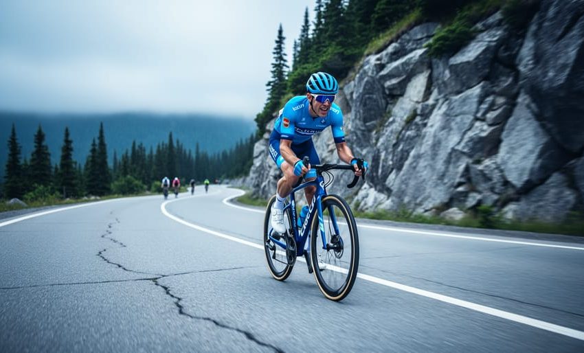 A cyclist racing on a winding mountain road in Quebec’s Laurentians with rocky terrain and cool overcast lighting in the background.