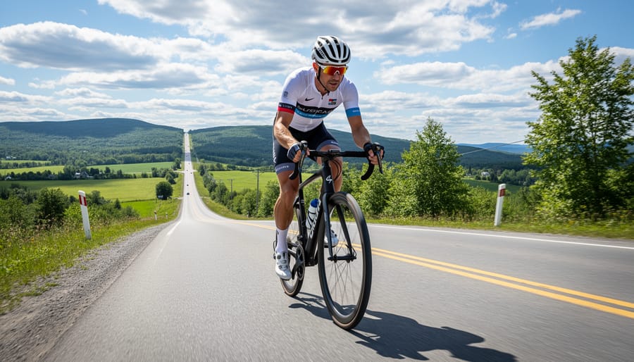 Cyclists climbing a steep road in Quebec during an early morning race