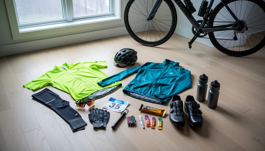 Cycling race gear and helmet laid out on a table beside a road bike