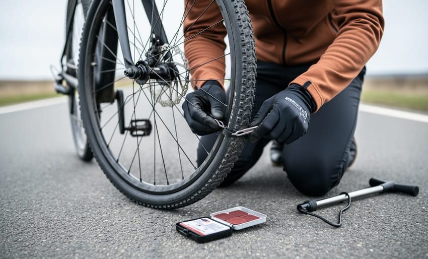 Close-up of a cyclist kneeling and repairing a bicycle tire with tire levers, a patch kit, and a pump nearby.
