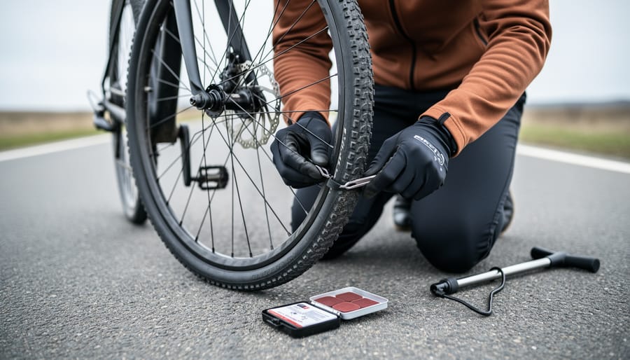 Close-up of a cyclist kneeling and repairing a bicycle tire with tire levers, a patch kit, and a pump nearby.
