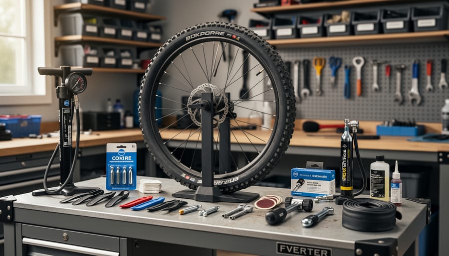 Bike wheel on a workbench with an exposed inner tube, tire levers, and patch kit laid out for repair preparation.