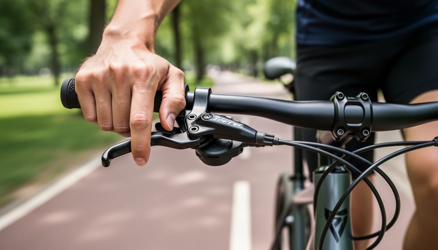 Close-up of a cyclist’s hands gripping brake hoods during controlled braking on wet-looking asphalt.