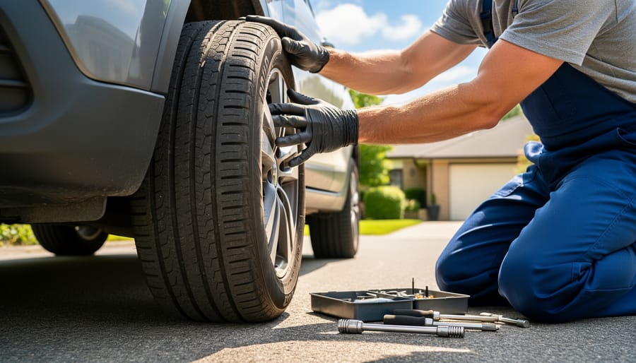 Cyclist kneeling beside a bike with the wheel removed, inspecting the tire for debris using gloved hands.