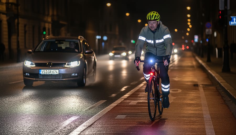Cyclist with illuminated front and rear lights wearing reflective gear on a dim road at dusk.