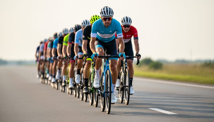 Cyclists riding in a disciplined formation on a quiet road, with one rider gesturing to alert others.