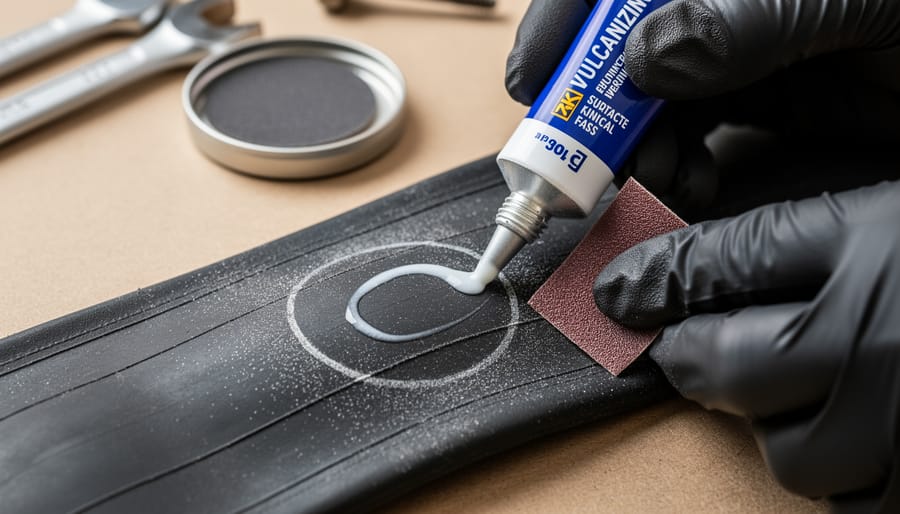 Macro close-up of an inner tube surface being roughened and adhesive prepared for patching.