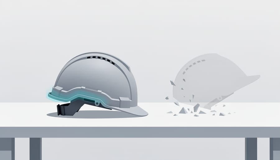 Road cycling helmet on a workbench next to cycling safety gear and spare equipment.