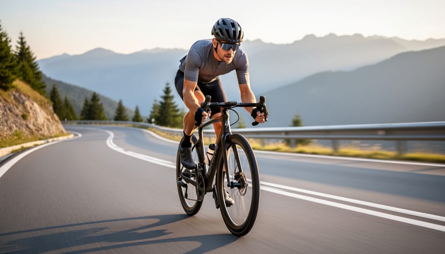 Road cyclist descending on a winding road with a low, controlled posture over the handlebars.