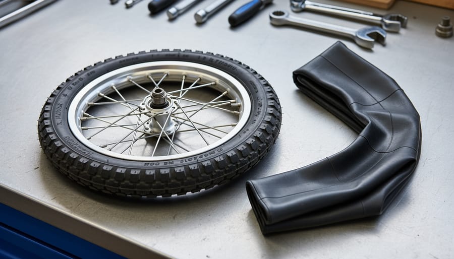 8-inch bike wheel and inner tube resting on a clean workbench