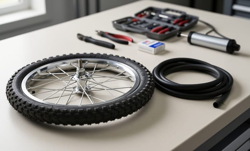 “Close-up of an 8-inch bike wheel with an inner tube laid out on a workbench alongside small repair tools.”