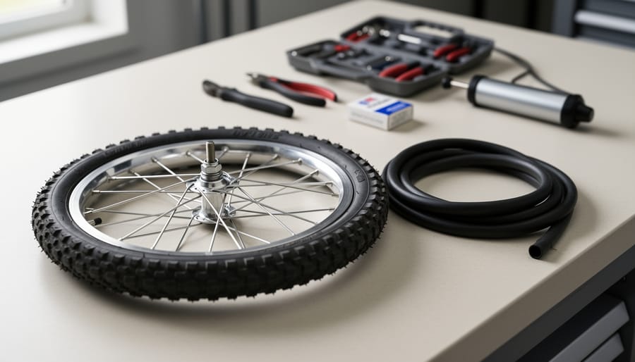“Close-up of an 8-inch bike wheel with an inner tube laid out on a workbench alongside small repair tools.”