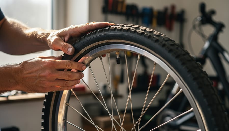 Hand pump inflating a small 8-inch bicycle tire at the valve