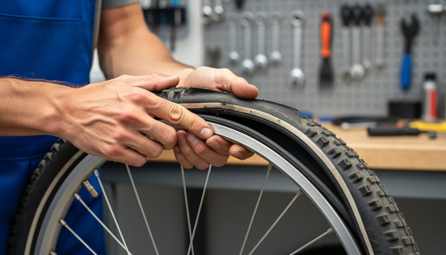 Gloved hands inspecting the inside of a small bicycle tire for debris