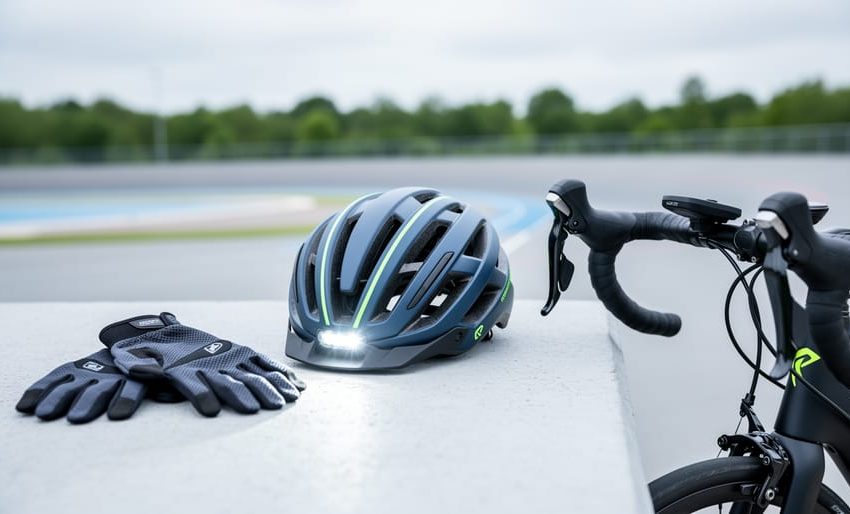Safety-focused cycling helmet with an integrated LED light glow shown with cycling gloves and a road bike cockpit on a concrete outdoor surface.