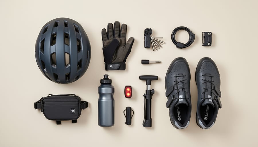 Cycling accessories arranged on a workbench including gloves, a multi-tool, a bike computer, and a rear LED.