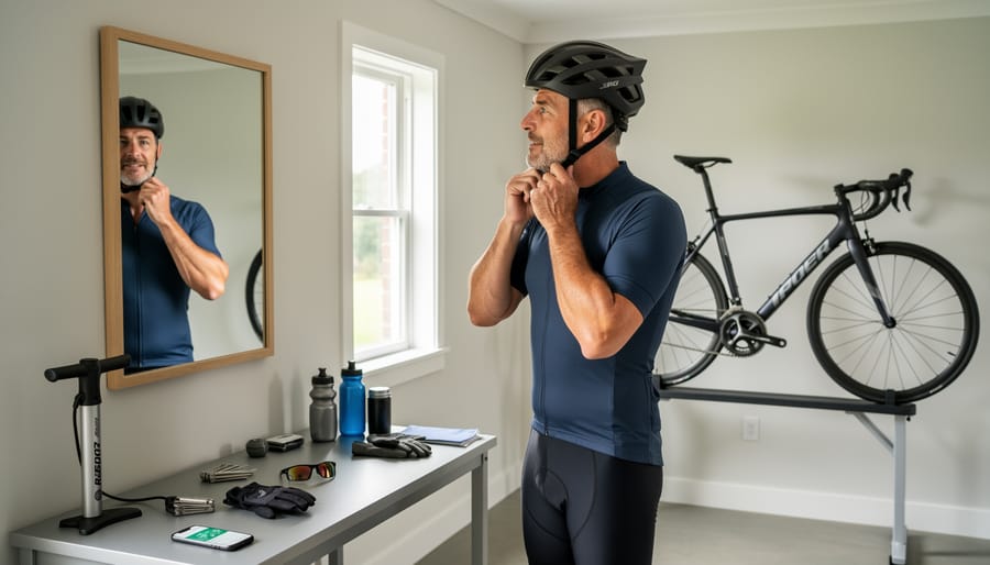 Cyclist adjusting a road cycling helmet while preparing other gear in natural daylight.