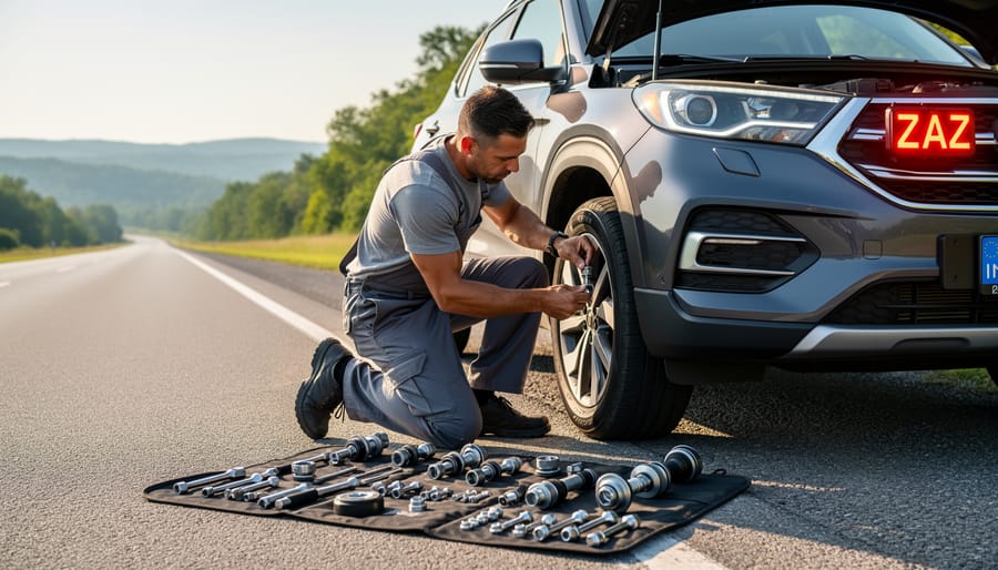 Cyclist’s hands using tools to adjust bike components near the roadside during golden hour.