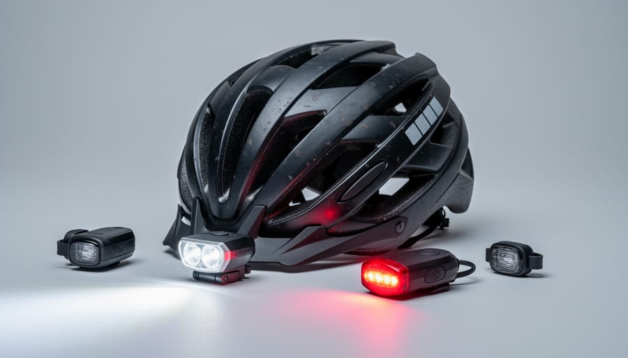 Cycling helmet beside a rechargeable LED safety light on a bench in a bike workshop setting.