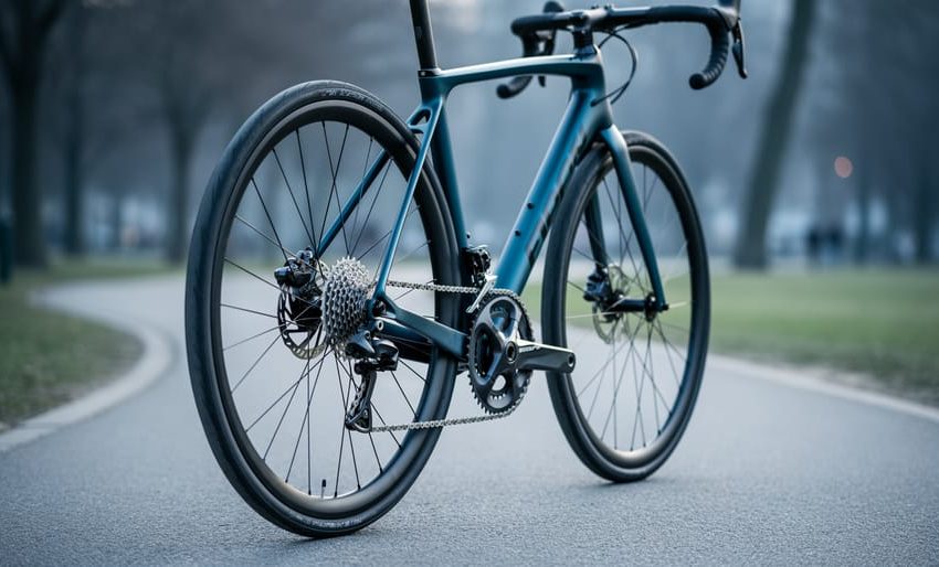 Close-up emphasis on a modern road bike’s rear cassette and drivetrain components in a park-like outdoor setting.