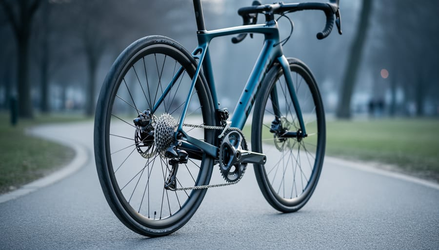 Close-up emphasis on a modern road bike’s rear cassette and drivetrain components in a park-like outdoor setting.