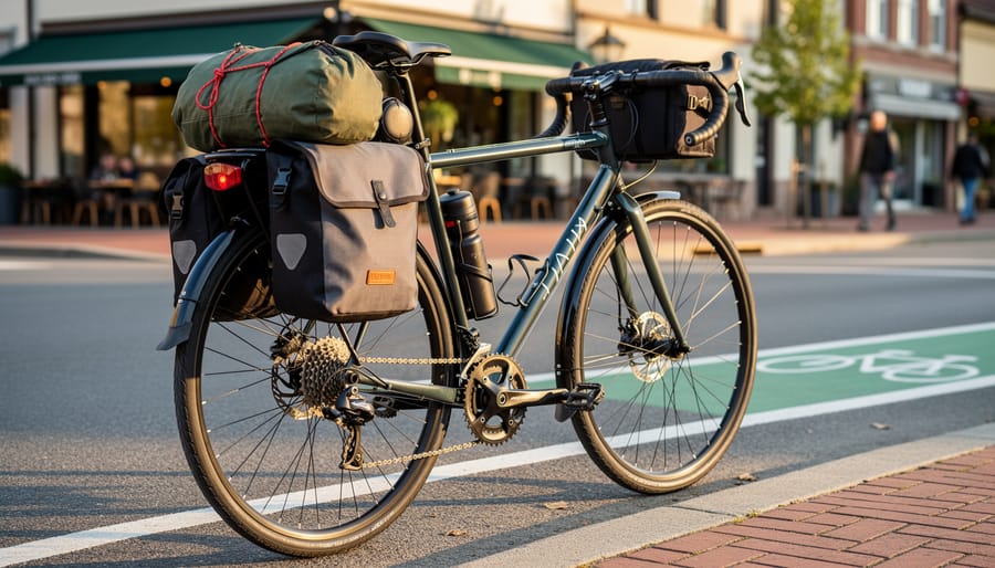 Loaded touring bike with panniers parked near a roadside on a gravel shoulder.