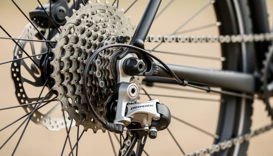 Close-up of a 9-speed bike drivetrain showing the cassette, chain, and rear derailleur.