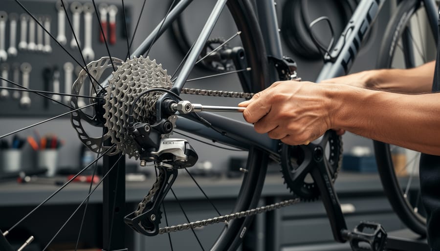 Hands cleaning and maintaining a bike’s chain and cassette drivetrain.