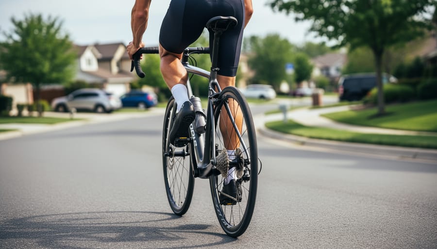 Rider climbing on a paved road with a bike featuring a rear wheel and drivetrain in view.
